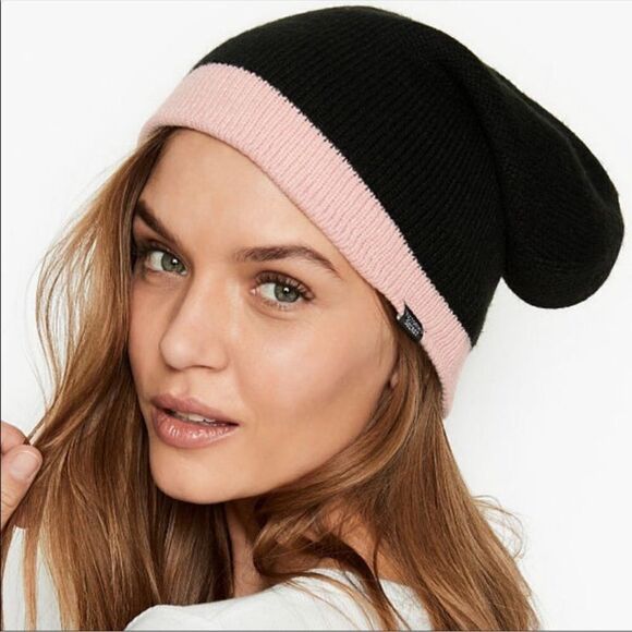 VS Black Pink Reversible Knit Beanie in Signature Stripe - Picture 1 of 10